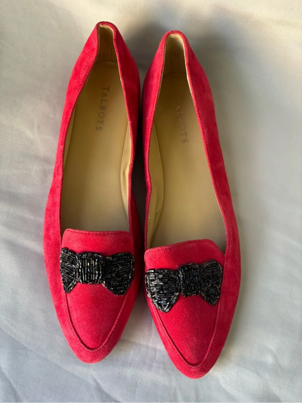 Talbots Bright Red Suede Pointed Loafers with Black Beaded Bow Size 10.5
